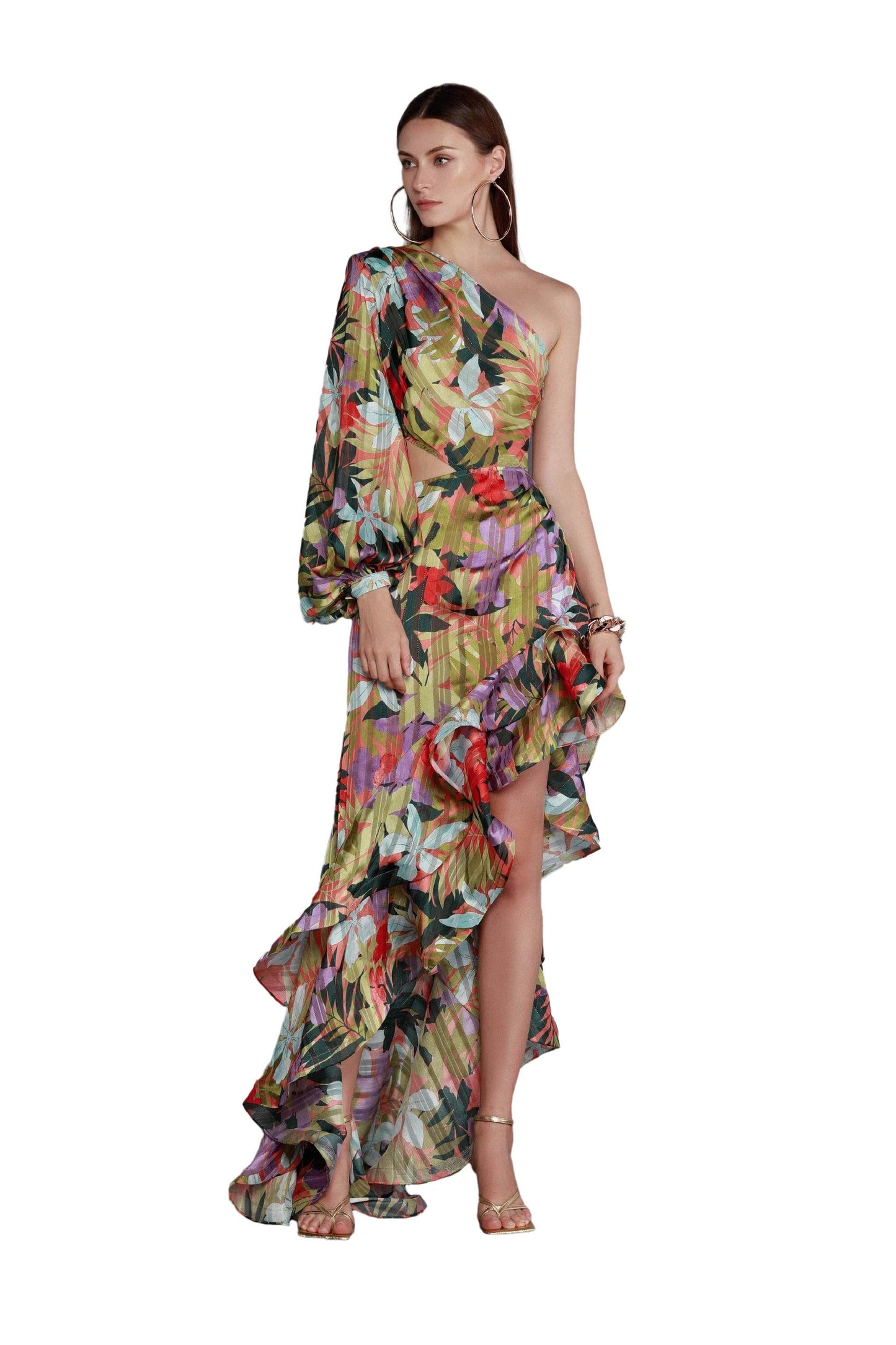 Tropics Violet One Sleeve Maxi Dress