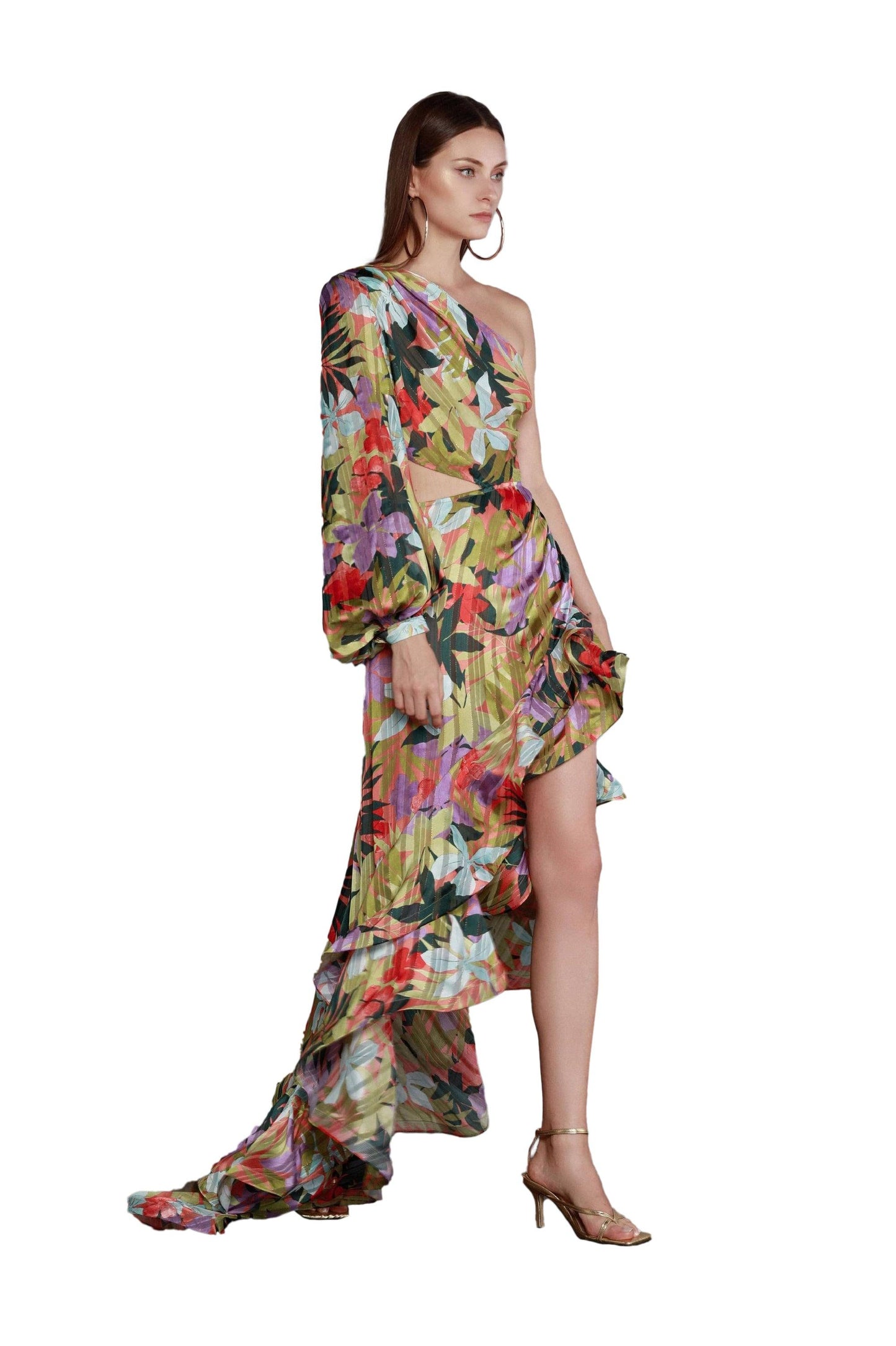 Tropics Violet One Sleeve Maxi Dress