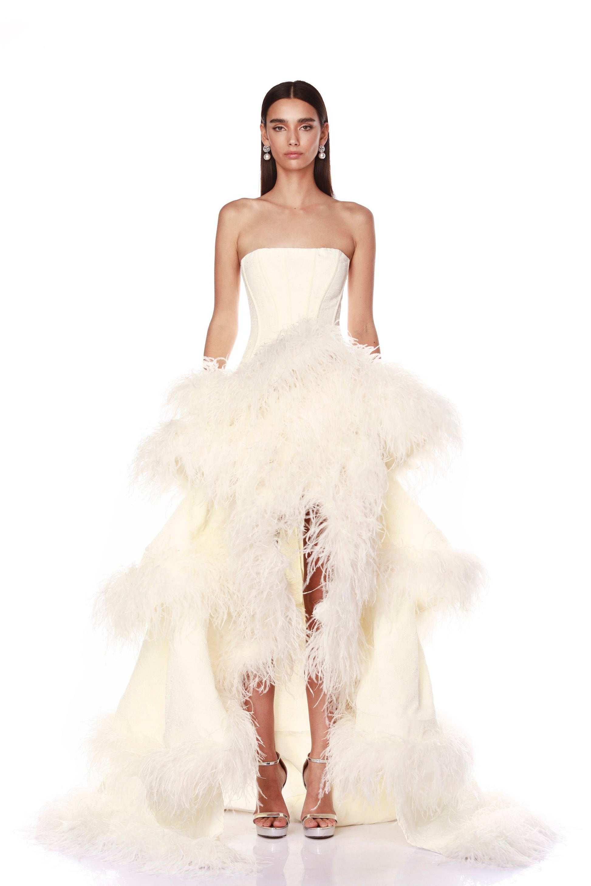 Louisa Blanc Strapless Feather Gown - BRONX AND BANCO