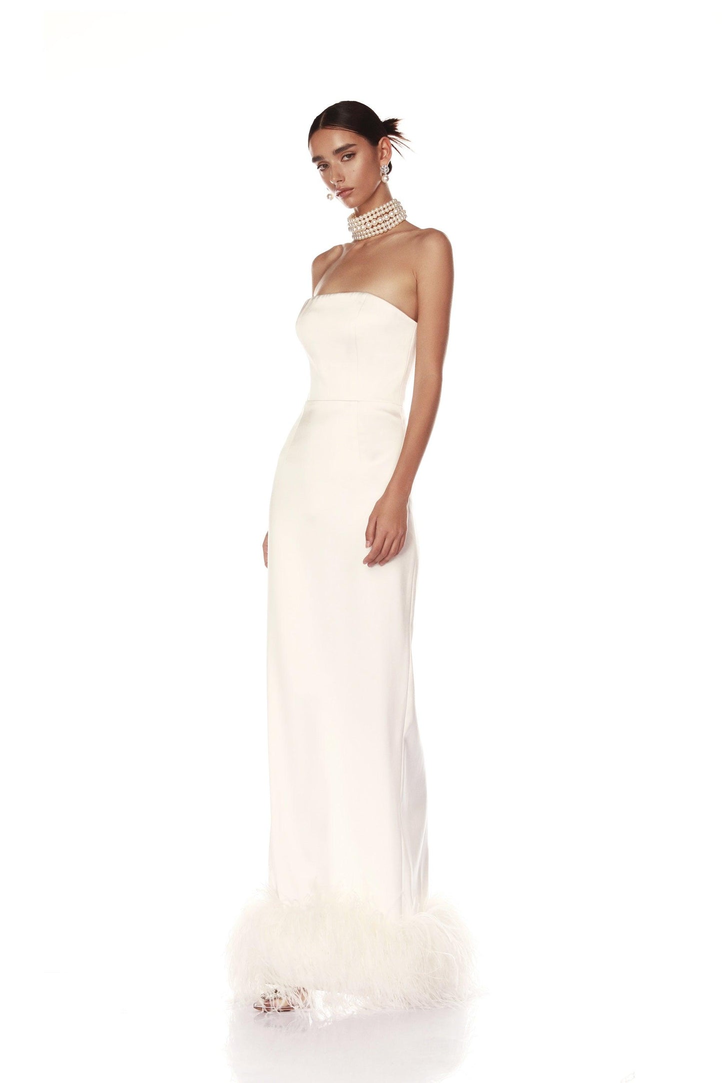 Lola Blanc Feather Trim Gown - Pre Order