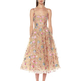Mademoiselle Embroidered Gold Floral Midi Dress