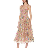 Mademoiselle Embroidered Gold Floral Midi Dress