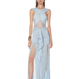 Valeria Powder Blue Fringe Maxi Dress - Sample