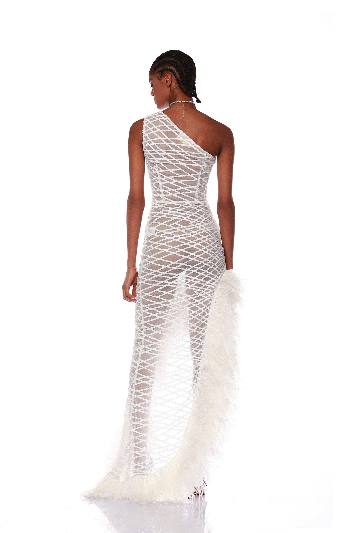 Lola Blanc Sheer Feather Gown