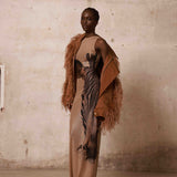 Zebra Head Halter Sheer Mesh Dress + Marlowe Feather Bomber Jacket