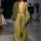 Zuri Cutout Gown + Marlowe Feather Bomber Jacket