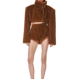 Look 9: Faux Mink Long Sleeve Cropped Jacket + Faux Mink Shorts