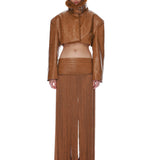 Look 10: Cropped Vegan Leather Jacket with Faux Fur Lining + Vegan Leather Maxi Skirt with Fringe Trim