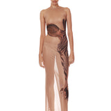 Zebra Head Halter Sheer Mesh Dress + Marlowe Feather Bomber Jacket