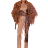 Zebra Head Halter Sheer Mesh Dress + Marlowe Feather Bomber Jacket