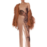 Zebra Head Halter Sheer Mesh Dress + Marlowe Feather Bomber Jacket