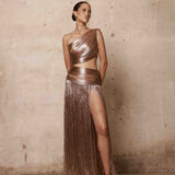 Jafari One Shoulder Metallic Fringe Maxi Dress