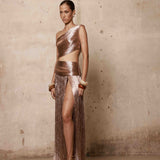 Jafari One Shoulder Metallic Fringe Maxi Dress