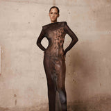 Leopard Long Sleeve Sheer Mesh Maxi Dress