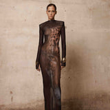 Leopard Long Sleeve Sheer Mesh Maxi Dress
