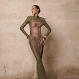 Elephant Long Sleeve Sheer Mesh Maxi Dress
