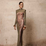 Elephant Long Sleeve Sheer Mesh Maxi Dress