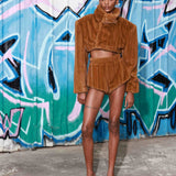 Look 9: Faux Mink Long Sleeve Cropped Jacket + Faux Mink Shorts