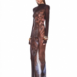 Leopard Long Sleeve Sheer Mesh Maxi Dress