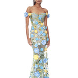 Portofino Floral Jasmine Off the Shoulder Blue Multi Gown