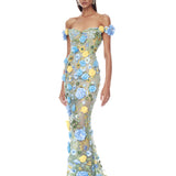 Portofino Floral Jasmine Off the Shoulder Blue Multi Gown