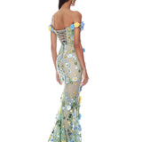 Portofino Floral Jasmine Off the Shoulder Blue Multi Gown