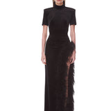 Look 43: Velvet Maxi Dress with Feather Trim
