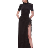 Look 43: Velvet Maxi Dress with Feather Trim