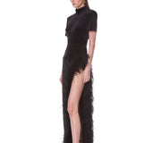 Look 43: Velvet Maxi Dress with Feather Trim