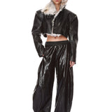 Look 8: Cropped Patent Jacket with Faux Fur Lining + Vegan Patent Leather Horseshoe Trouser