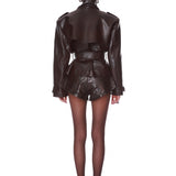 Look 2: Vegan Croc Embossed Belted Jacket + Asymmetrical Lace Maxi Skirt