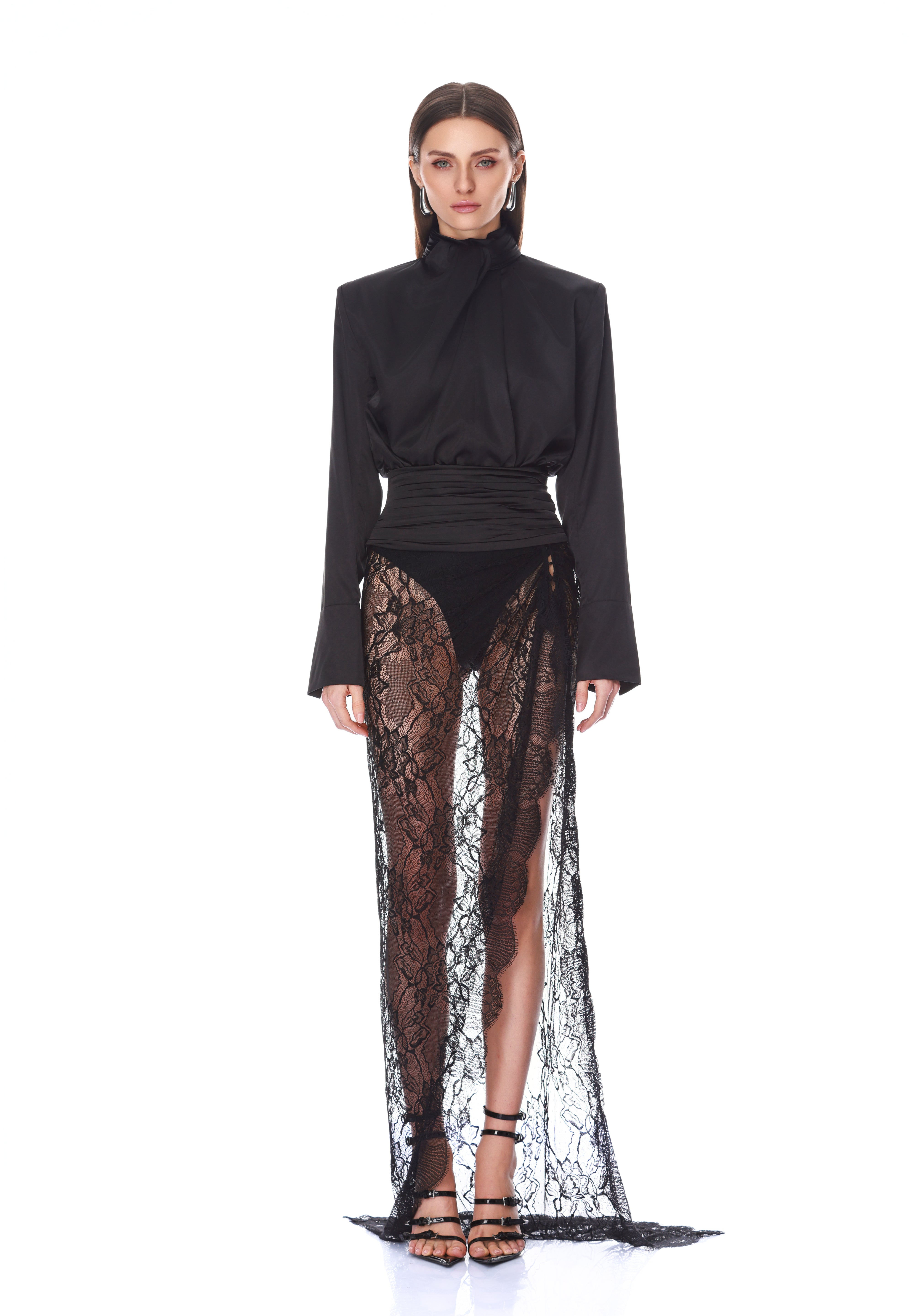 Look 2: Vegan Croc Embossed Belted Jacket + Asymmetrical Lace Maxi Skirt
