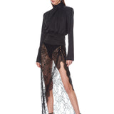 Look 2: Vegan Croc Embossed Belted Jacket + Asymmetrical Lace Maxi Skirt