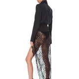 Look 2: Vegan Croc Embossed Belted Jacket + Asymmetrical Lace Maxi Skirt