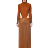 Look 10: Cropped Vegan Leather Jacket with Faux Fur Lining + Vegan Leather Maxi Skirt with Fringe Trim