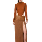 Look 10: Cropped Vegan Leather Jacket with Faux Fur Lining + Vegan Leather Maxi Skirt with Fringe Trim