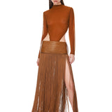 Look 10: Cropped Vegan Leather Jacket with Faux Fur Lining + Vegan Leather Maxi Skirt with Fringe Trim