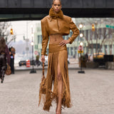 Look 10: Cropped Vegan Leather Jacket with Faux Fur Lining + Vegan Leather Maxi Skirt with Fringe Trim