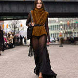 Look 22: Faux Mink Sleeveless Vest + Long Sleeve Bodycon Gown