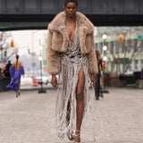 Look 32: Chain Halter Metallic Dress + Cropped Teddy Jacket