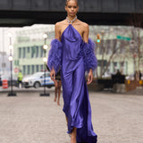 Look 34: Silk Indigo Halterneck Gown + Feather Sleeves