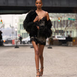 Look 35: Sleeveless Diamond & Lace Mini Dress + Feather Jacket