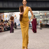 Look 37: Mustard Chiffon Cowl Deep V-Neck Gown