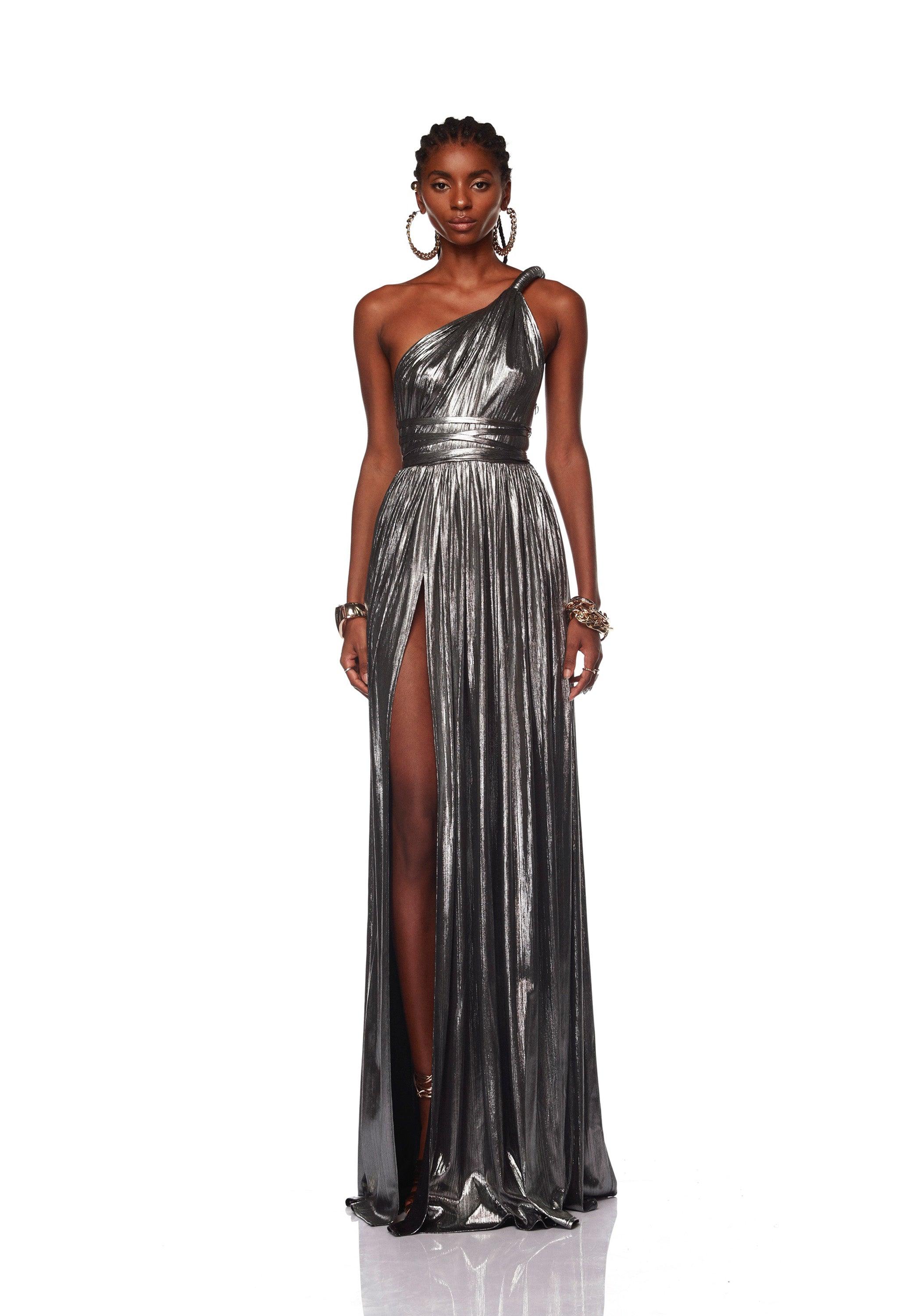 Cape Sleeves Silver Evening Gown – LORETA