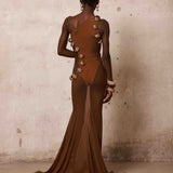 Kaya Sheer Illusion One Shoulder Metal Gown