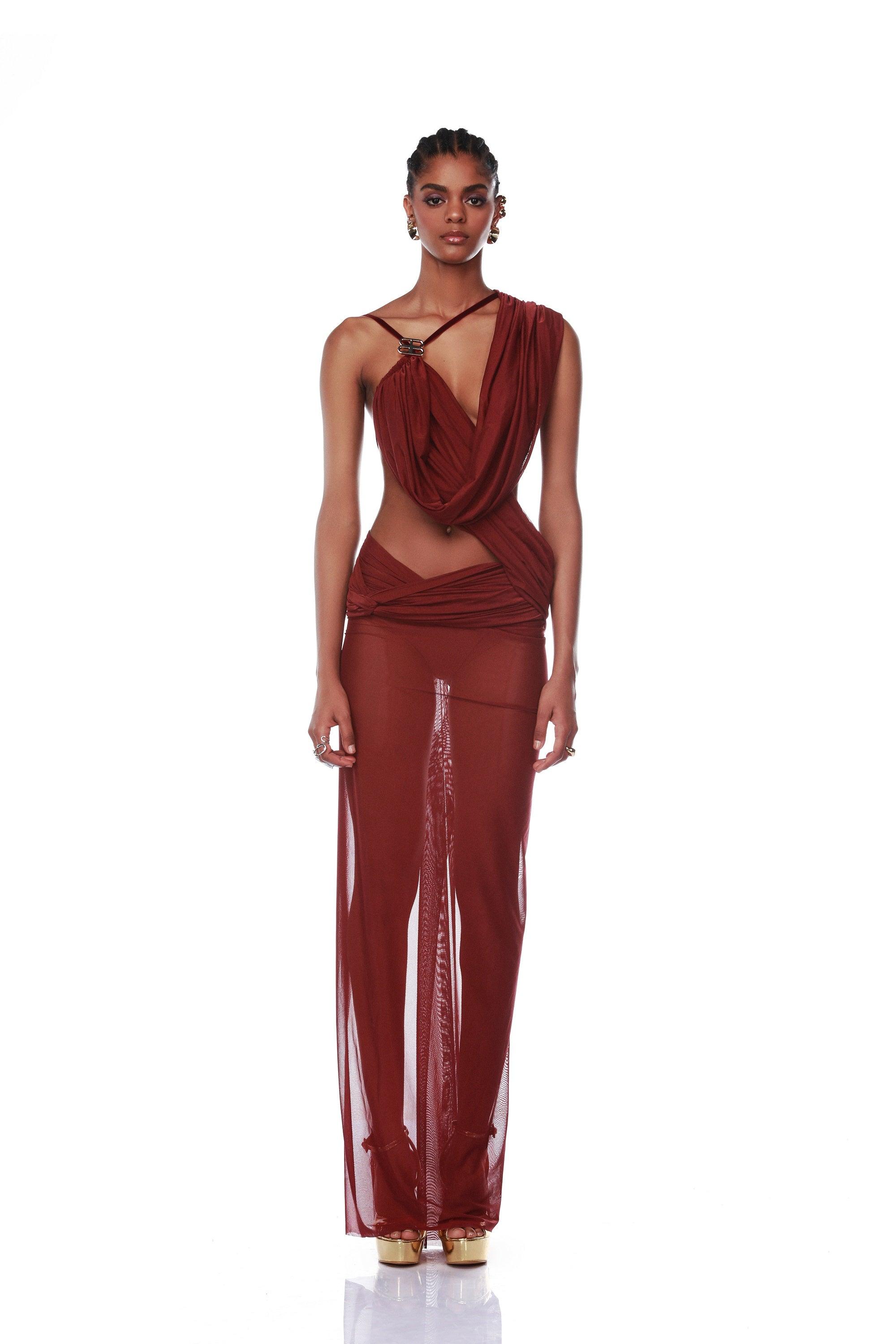 Maroonish-Red Draped Netted Bridal Gown With Elegant Arabian Tuxedo