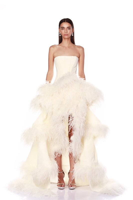 Louisa Blanc Strapless Feather Gown