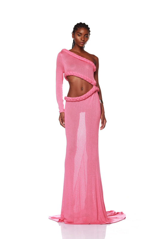 Dalia Pink One Shoulder Knit Gown
