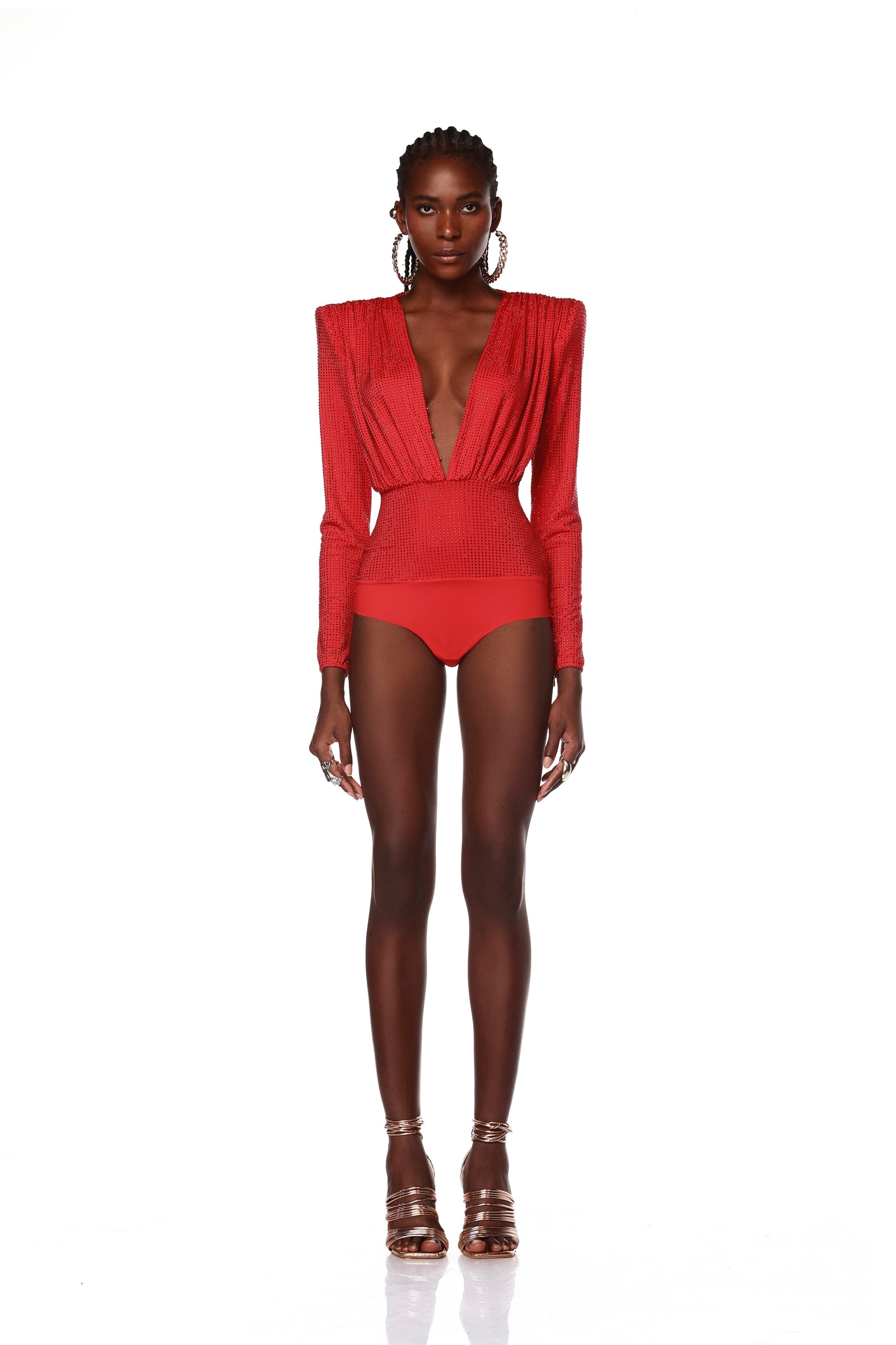 Red plunge long sleeve bodysuit